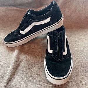 Vans Men's 7.5 Black Suede White Side Stripe Shoes Sneakers Comfy Cush VG+‎